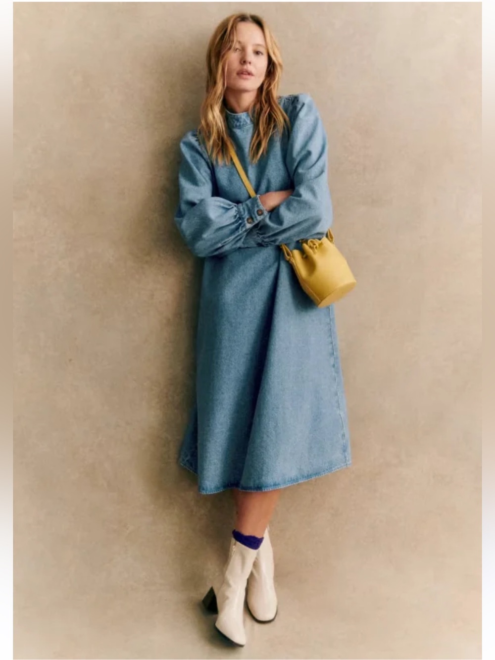 Sezane Aluzie Dress Light Blue Denim Midi Dress with Puff Sleeves US 4 / UK 36
